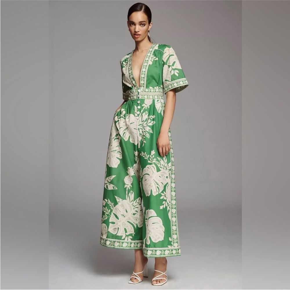 Farm Rio green monstera wide print jumpsuit - Picture 4 of 11